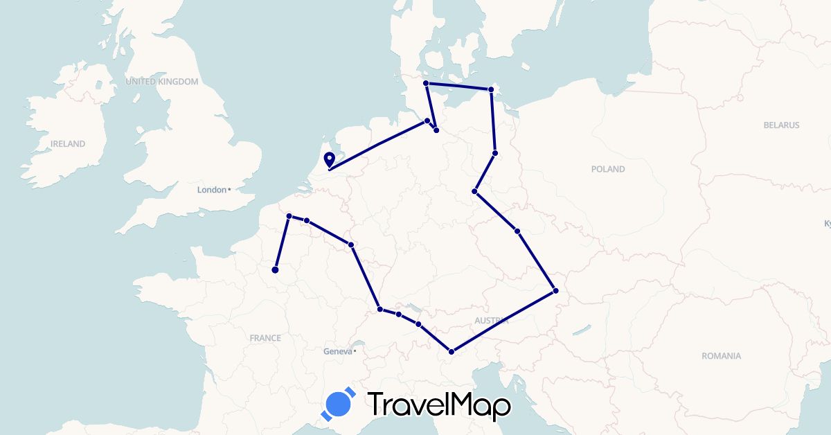 TravelMap itinerary: driving in Austria, Belgium, Switzerland, Czech Republic, Germany, France, Italy, Liechtenstein, Luxembourg, Netherlands (Europe)